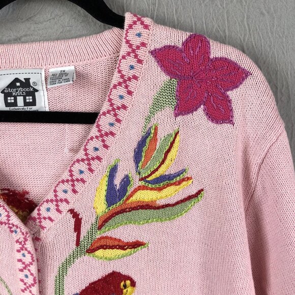 Storybook Sweater Womens 2X Plus Size Pink Parrots Tropical Cardigan Art to Wear - Picture 14 of 16